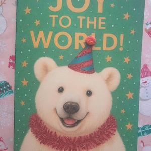 Polar Bear &#39;Joy To The World&#39; A5 Large Embellished Glitter Stars Unusual Individual Christmas Card