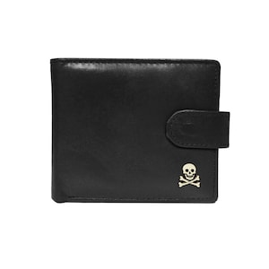 May include: Black leather wallet with a skull and crossbones design. The wallet has a flap closure with a button.