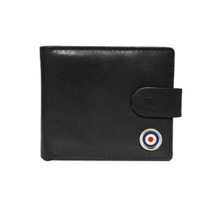 May include: Black leather wallet with a silver and red target logo. The wallet has a flap closure and a silver button.
