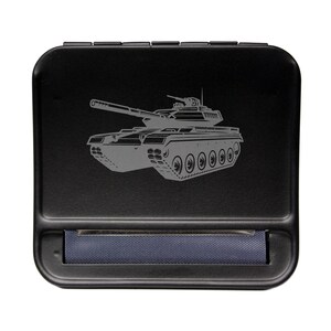 May include: Black metal rolling tray with a silver tank design. The tray has a built-in rolling machine.