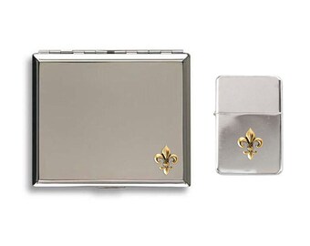 Fleur de lis polished chrome cigarette case and stormproof petrol lighter with option to Personalise