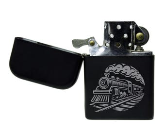 Train Laser engraved image stormproof petrol lighter with option to Personalise