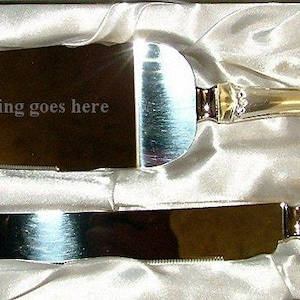 Può includere: Un set di coltello e server per torta in argento in una scatola di raso bianco. Il coltello ha le parole "Your engraving goes here" sulla lama.