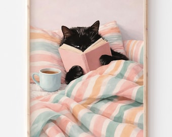 Lecture confortable de chat imprimable, art mural chat dans son lit, affiche de chat amateur de livres, illustration de chat mignon, décoration de chambre confortable, téléchargement numérique