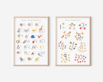 ABC und Zahlenposter Kinderzimmer | Alphabet Poster | Buchstaben | Zahlen von 1 bis 10 | Lernposter im Montessori
