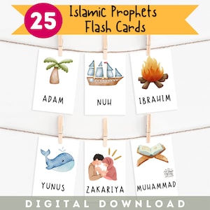 25 Lernkarten zu islamischen Propheten | Vorschulkarten | Druckbare Lernkarten | Islamisches Lernen