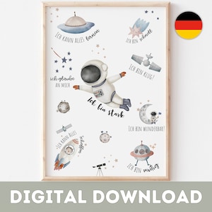 Affirmationsposter Astronaut | Deutsche Affirmation | Positive Wandkunst mit Weltraumthema | Positive Überzeugungen