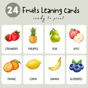 24 cartes d'apprentissage sur les fruits | Cartes préscolaires | Cartes éducatives imprimables | Téléchargement instantané