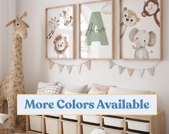 Safari animal prints, boy nursery decor, Jungle nursery, Personalized name print, Safari baby animals, Animal nursery, Safari animal nursery