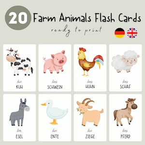 20 Tarjetas de aprendizaje de animales de granja / Tarjetas preescolares / Tarjetas educativas imprimibles / Aprendizaje de alemán e inglés