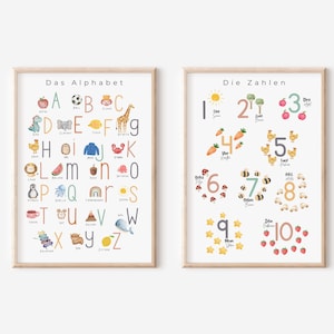 ABC und Zahlenposter Kinderzimmer | Alphabet Poster | Buchstaben | Zahlen von 1 bis 10 | Lernposter im Montessori