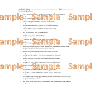 May include: A black and white printable interview question sheet for childcare workers. The sheet includes questions about experience, availability, and preferred teaching style.