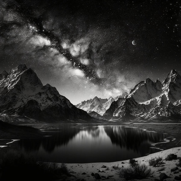 Black and White Galaxy Over Mountain Range Downloadable Print 1536x1024