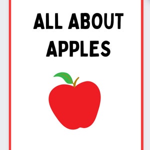 May include: A white card with a red border and the text "ALL ABOUT APPLES" in black. A red apple with a green leaf is below the text.