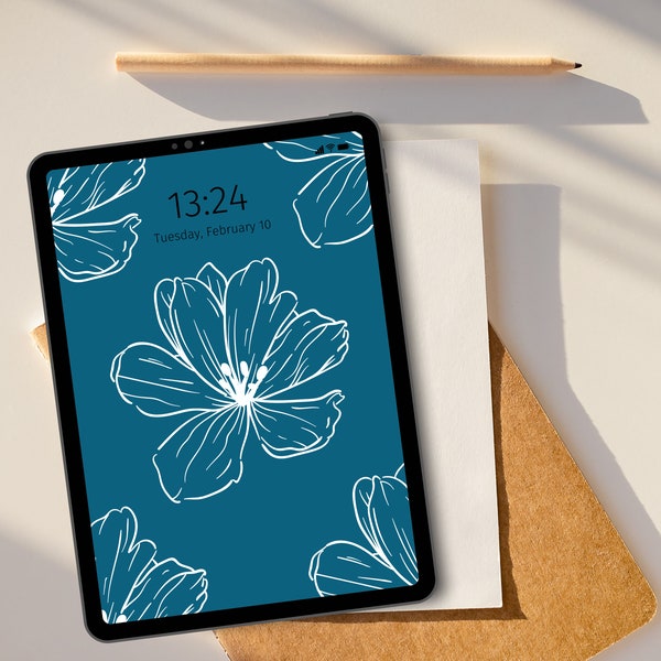 Aesthetic Ipad Wallpaper Neutral Floral Tablet Background I Blue and White Wallpaper I Blue Floral Wallpaper I Instant Downlaod I Hibiscus