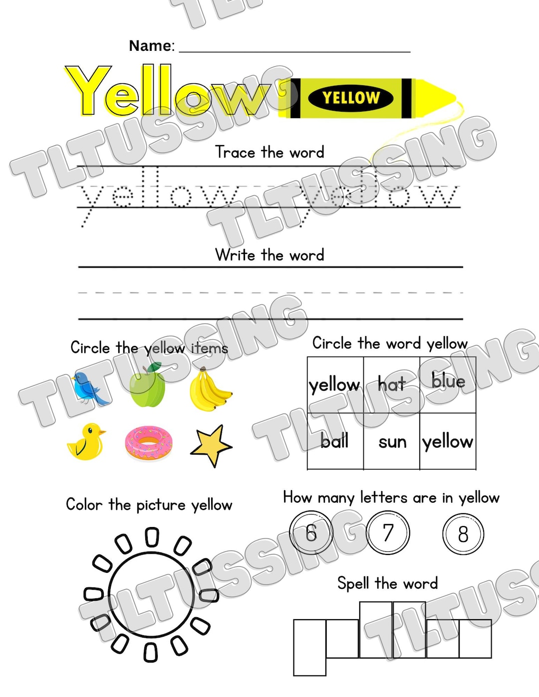 Spell Yellow Worksheet Color Word Practice Worksheet | YELLOW | Preschool & Kindergarten ...