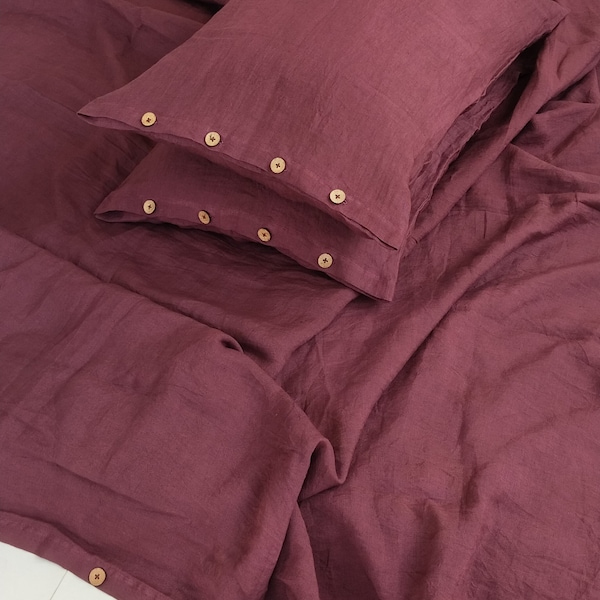 Linen Duvet Cover, Donna Quilt Cover, Stonewashed Burgundy Linen Bedding Set, Soft Linen Duvet Cover Twin, Full, King, Queen and Custom Size