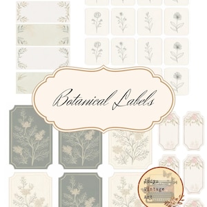 May include: A set of printable botanical labels featuring various floral illustrations. The labels are in a vintage style with a light green and cream colour scheme. The text "Botanical Labels" is featured in a decorative font.