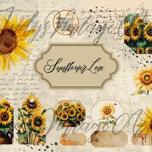 Könnte beinhalten: Eine Sammlung von Aquarell-Sonnenblumen-Designs auf einem Vintage-Hintergrund. Enthält eine große Sonnenblume, Etiketten und Anhänger mit dem Text "Sunflower Love". Die Farbpalette umfasst Gelb, Braun und Beige.