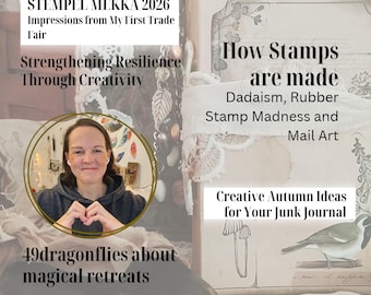 Może przedstawiać: Magazyn The Junk Mag Issue 5 October 26 zawiera okładkę z tytułem Judys Vintage Art, Stempel Mekka 2026, How Stamps are made, Dadaism, Rubber Stamp Madness and Mail Art, Strengthening Resilience Through Creativity oraz Creative Autumn Ideas.