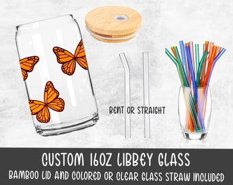 Butterfly Glass can | 16oz Libbey Glass Can with Bamboo Lid and Glass Straw