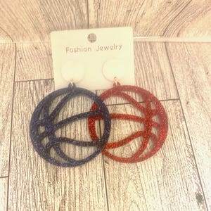 Basketball earrings, 2”, red and blue glitter acrylic post back