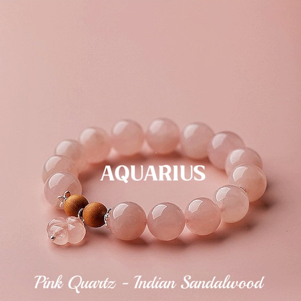 Aquarius Zodiac Bracelet - Pink Quartz and 925 Silver - Aquarius Birthday Gift - 8mm Wooden Wisdom Beads - Healing Crystal -Jewelry