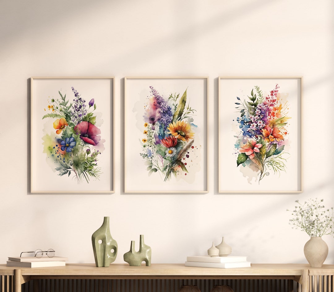 Wall Art Set of 3 Wildflower Watercolors, Colorful Floral Prints ...