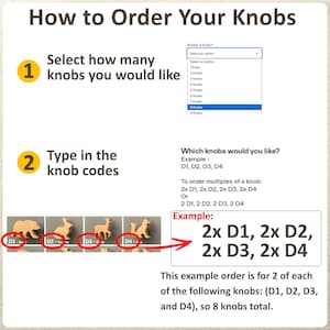 K&ouml;nnte beinhalten: Eine Anleitungsgrafik mit dem Titel How to Order Your Knobs. Sie zeigt ein Dropdown-Men&uuml; zur Auswahl der Anzahl der Kn&ouml;pfe und Anweisungen zur Eingabe spezifischer Codes wie D1, D2, D3 und D4 f&uuml;r die tierf&ouml;rmigen Holzkn&ouml;pfe.