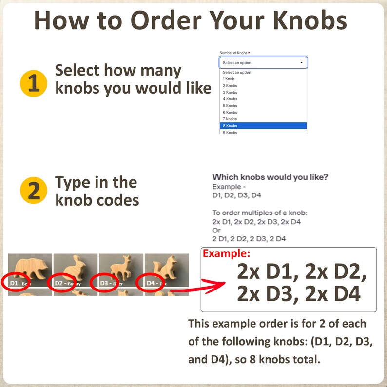 K&ouml;nnte beinhalten: Eine Anleitungsgrafik mit dem Titel How to Order Your Knobs. Sie zeigt ein Dropdown-Men&uuml; zur Auswahl der Anzahl der Kn&ouml;pfe und Anweisungen zur Eingabe spezifischer Codes wie D1, D2, D3 und D4 f&uuml;r die tierf&ouml;rmigen Holzkn&ouml;pfe.