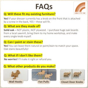 K&ouml;nnte beinhalten: Eine informative Grafik mit dem Titel FAQs und einem Regenbogen-Logo f&uuml;r Lilybug's Little Shop. Der Text beantwortet Fragen zur Kompatibilit&auml;t von M&ouml;belkn&ouml;pfen, zum Material aus massivem Eichenholz, zu Veredelungsoptionen, R&uuml;ckgaberichtlinien und weiteren Produkten wie Wandhaken, Ventilatorz&uuml;gen und Schrankt&uuml;rkn&ouml;pfen.