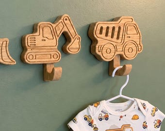 Construction Vehicle Wall Hooks | Excavator Dump Truck Boys Room Decor, Handmade Wood Kids Coat Hook, Construction Nursery