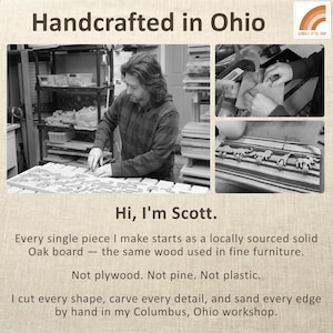 K&ouml;nnte beinhalten: Eine schwarz-wei&szlig;e Collage, die eine Person bei der Holzbearbeitung in einer Werkstatt zeigt. Der Text lautet: Handcrafted in Ohio, Hi, I'm Scott. Every single piece I make starts as a locally sourced solid Oak board. Not plywood. Not pine. Not plastic.
