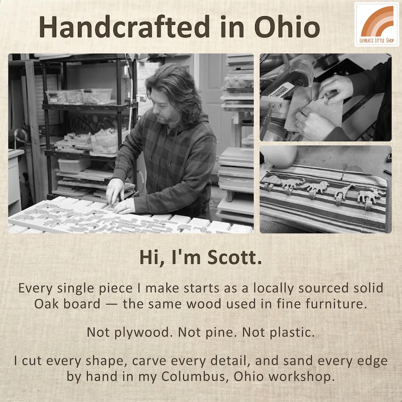 K&ouml;nnte beinhalten: Eine schwarz-wei&szlig;e Collage, die eine Person bei der Holzbearbeitung in einer Werkstatt zeigt. Der Text lautet: Handcrafted in Ohio, Hi, I'm Scott. Every single piece I make starts as a locally sourced solid Oak board. Not plywood. Not pine. Not plastic.