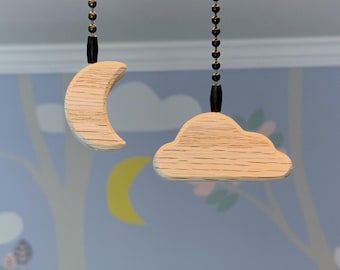 Cloud and Moon Ceiling Fan Pulls | Solid Oak Whimsical Decor for Nursery, Bedroom, Kids Room | Easy Install Light Chain Pull