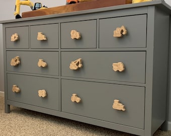 Construction Dresser Knobs | 6 Designs | Handmade Nursery Drawer Pulls | Solid Oak Excavator Dump Truck Bulldozer | Boys Room Digger Decor