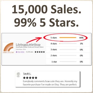 K&ouml;nnte beinhalten: Eine grafische Darstellung mit 15.000 Verk&auml;ufen und 99 % 5-Sterne-Bewertungen. Sie zeigt das Logo von LilybugsLittleShop, eine Aufschl&uuml;sselung der Sternebewertungen mit einem roten Kreis um die 99 % und eine Kundenbewertung von Sarah L.