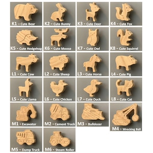 K&ouml;nnte beinhalten: Eine Sammlung von hellen Holzfiguren in Form von Tieren und Fahrzeugen, beschriftet mit den Codes K1 bis M6. Die Tierfiguren umfassen B&auml;r, Hase, Reh, Fuchs, Igel, Elch, Eule, Eichh&ouml;rnchen, Kuh, Schaf, Pferd, Schwein, Lama, Huhn, Ente und Katze.