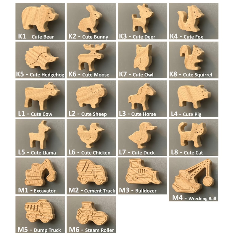 K&ouml;nnte beinhalten: Eine Sammlung von hellen Holzfiguren in Form von Tieren und Fahrzeugen, beschriftet mit den Codes K1 bis M6. Die Tierfiguren umfassen B&auml;r, Hase, Reh, Fuchs, Igel, Elch, Eule, Eichh&ouml;rnchen, Kuh, Schaf, Pferd, Schwein, Lama, Huhn, Ente und Katze.
