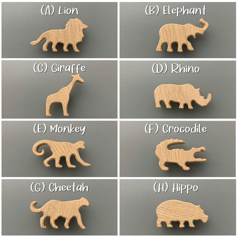 Safari animal dresser knob for nursery, drawer pull handle for kids room. Giraffe Lion Elephant Hippo Monkey Cheetah Crocodile Rhino Jungle image 4