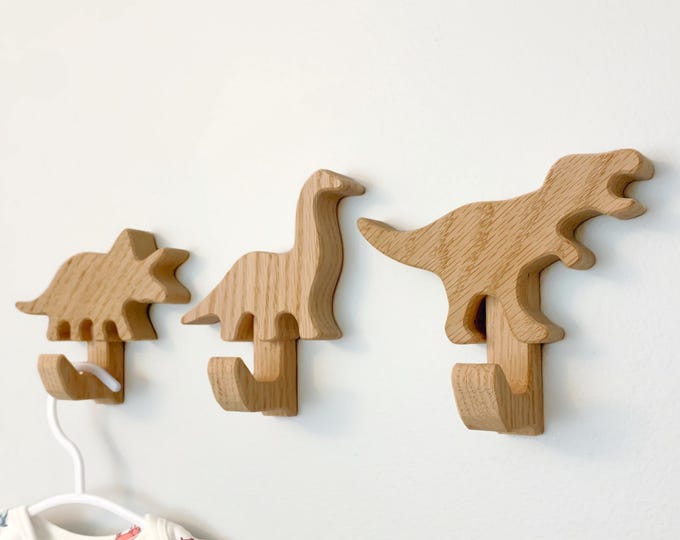 Dinosaur wall hooks for kids room. Dinosaur decor for nursery and baby room. Dinosaur hanger and storage hook. T-Rex Stegosaurus Pterodactyl