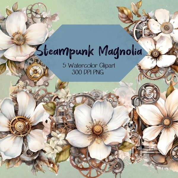 Wedding invitation spring magnolia vintage floral art steampunk gear floral vintage decor spring flower clipart magnolia flower