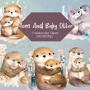 Mother's Day Clipart Mom And Baby Otter Watercolor Clipart PNG Cute Clipart Watercolor Otter Love Mom Gift For Mothers Day DIY