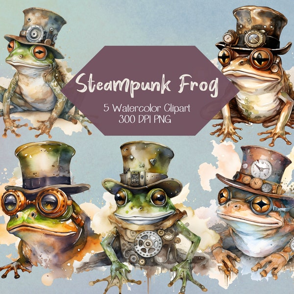 Cute Frog Clipart Steampunk Goggles, Frog Steampunk Hat, Cute Frog Steampunk Top Hat, Frog Clipart PNG