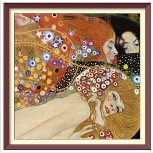 May include: A painting depicting three women with flowing hair and colourful floral patterns. The women are shown in a reclining pose, with their bodies intertwined. The painting is executed in a style reminiscent of Art Nouveau, with a focus on organic shapes and flowing lines.