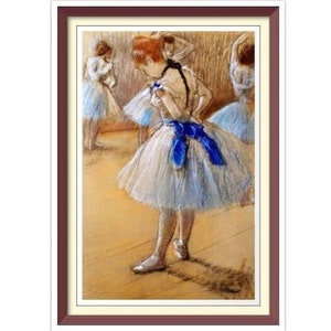 May include: A painting of four ballerinas in a dance studio. The ballerina in the foreground is wearing a white tutu with a blue sash. The other ballerinas are in the background and are wearing similar tutus.