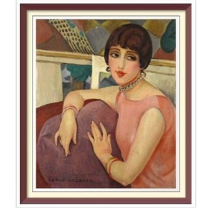 May include: A painting of a woman with short dark hair wearing a pink dress and a pearl necklace. She is sitting in a chair with a purple cushion. The background is a colorful abstract design.