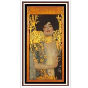 May include: A painting of a woman with dark hair and a gold necklace. She is wearing a blue and gold dress and is standing in a gold frame.