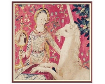 PDF Counted Vintage Cross Stitch Pattern - The Lady with the Unicorn - Trellis Vision - 15th Century - Full Cross Stitches - 4 Sizes