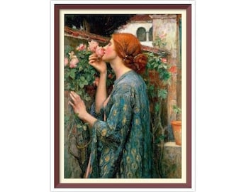 May include: A woman with red hair in a blue and gold patterned robe is standing in a garden and smelling a pink rose.